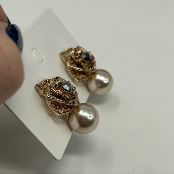 Textured Bronze Floral Stud Earrings with Faux Pearl Drop Classic Elegant - Picture 5 of 10